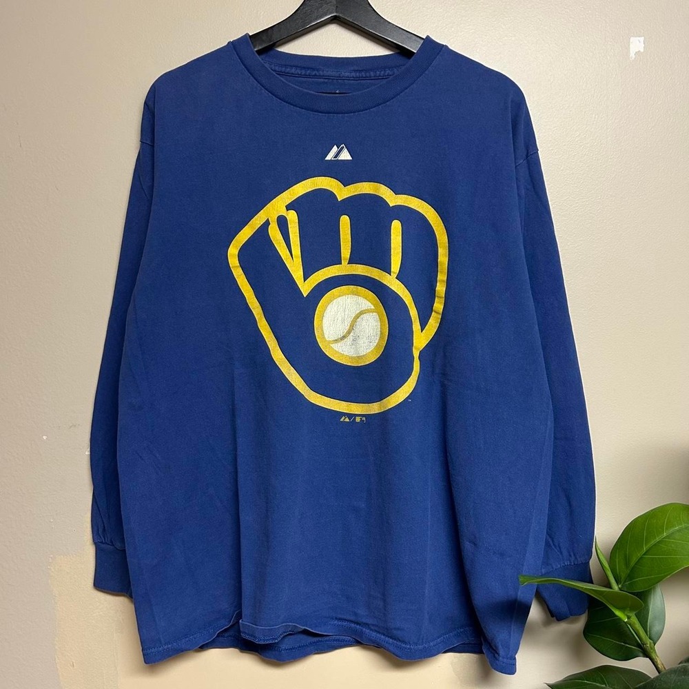 Majestic Milwaukee Brewers Y2K Vintage Graphic Long Sleeve Shirt Mens L Blue